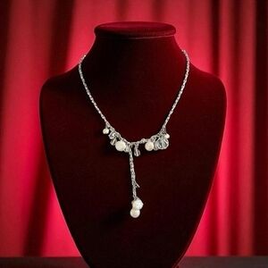 Sterling Silver Tone Pearl Crystal Dangle Cluster Necklace 16-18"